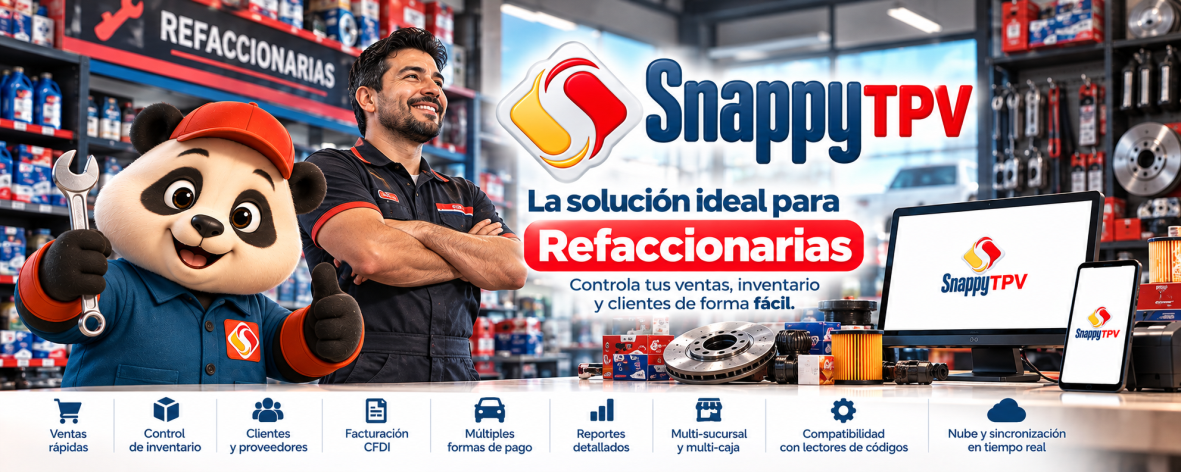 SnappyTPV para refaccionarias: ventas, inventario, clientes y reportes.