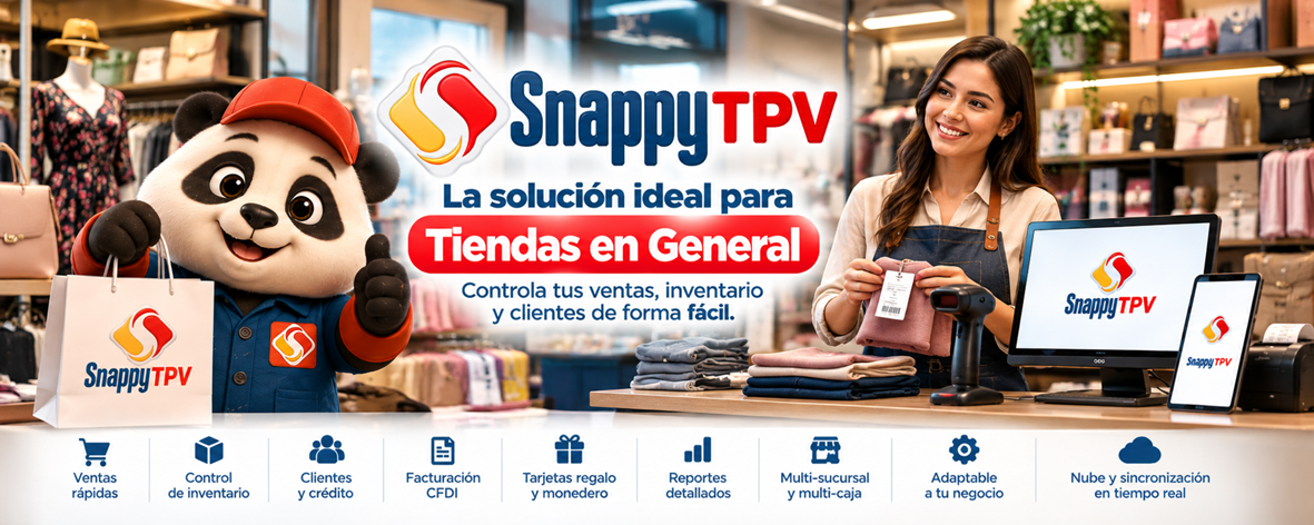SnappyTPV para tiendas en general: ventas, inventario y clientes desde el punto de venta.