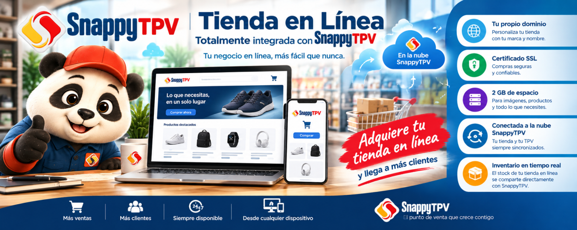 Tienda en línea integrada con SnappyTPV: catálogo, dominio y conexión con la nube; consulta condiciones del servicio.
